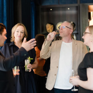 Alison Goodwin, Founder of The Syndicate Global, engaging with guests at a Syndicate Global event at the Nobu Hotel, Central London, among UHNW founders, family office executives, and business leaders.